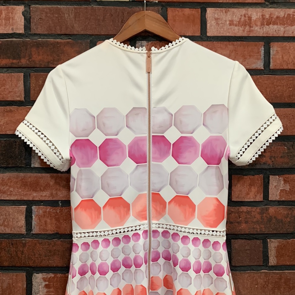 Ted Baker White Dress with Pink, Coral and Blue Hexagon Print - Picture 9 of 14